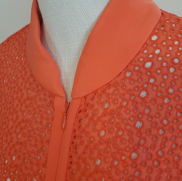 TIBI | Women's coral orange eyelet lace, zipper-front bomber jacket. Size small. - Picture 4 of 9